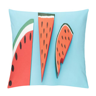 Personality  Top View Of Paper Watermelon Slices On Blue Background, Panoramic Shot Pillow Covers