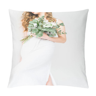 Personality  Cropped View Of Young Woman Holding Bouquet Of Flowers On White Pillow Covers