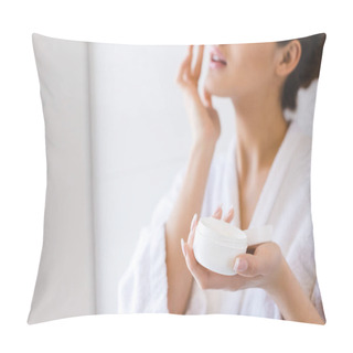 Personality  Cropped Shot Of Beautiful Woman In Bathrobe Applying Face Cream Pillow Covers