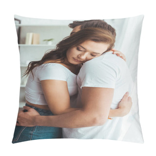 Personality  Boyfriend Embracing Attractive Girlfriend With Closed Eyes At Home   Pillow Covers