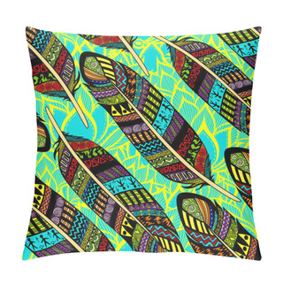Personality  Vector Seamless Pattern With Etno Ornate Colorful Feathers Pillow Covers