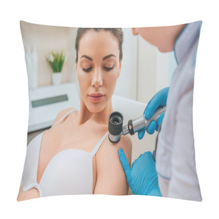 Personality  Cropped View Of Doctor Using Magnifier During Mole Removing Procedure Pillow Covers