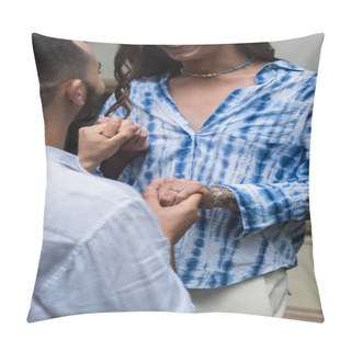 Personality  Bearded Gay Man Holding Hand Of Husband With Wedding Ring On Finger Pillow Covers