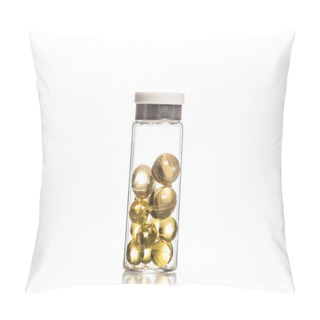 Personality  Studio Shot Of Fish Oil Pills In Glass Container Isolated On White Pillow Covers