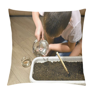 Personality  The Child Pours Water By Holding The Jug Of Water With One Hand And Supporting It With His Second Hand From The Bottom. Pillow Covers