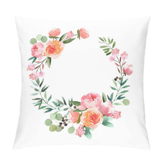 Personality  Beautiful Watercolor Wreath Isolated On White Background. Round Floral Watercolor Wreath For Design, Postcards, Banners, Emblems, Logo. Pillow Covers
