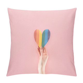 Personality  Cropped View Of Female Hand With Rainbow Colored Paper Heart On Pink Background, Lgbt Concept Pillow Covers