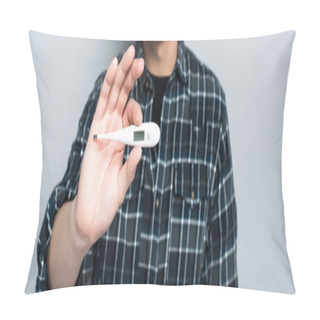 Personality  Cropped View Of Man Holding Thermometer Showing High Temperature Isolated On Grey, Panoramic Shot Pillow Covers