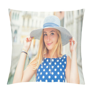 Personality  Happy Young Attractive Woman Fashion Model Of Venice Italy In Bl Pillow Covers