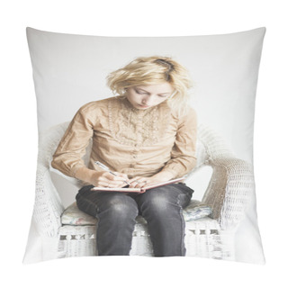 Personality  Blonde Young Woman With Beautiful Blue Eyes Writing In Her Journ Pillow Covers