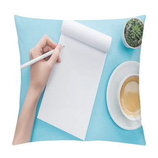 Personality  Cropped View Of Person Writing In Blank Notebook With Cup Of Coffee On Blue Background Pillow Covers