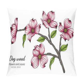 Personality  Pink Dogwood Flower And Leaf Drawing Illustration With Line Art On White Backgrounds. Pillow Covers