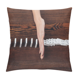 Personality  Cropped View Of Woman Preventing Dominoes From Falling On Wooden Desk Pillow Covers