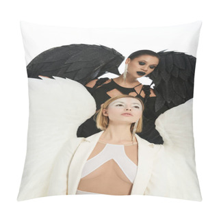 Personality  Dark Demon With Black Wings Over Holy Angel Looking Away On White, Good Vs Evil Biblical Concept Pillow Covers