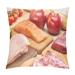 Personality  Fresh Raw Poultry, Fish, Meat, Apples, Branch Of Cherry Tomatoes, Half Of Avocado And French Baguette On Wooden Cutting Boards Pillow Covers