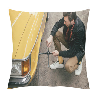 Personality  High Angle View Of Handsome Man In Leather Jacket Fixing Wheel Of Yellow Vintage Car Pillow Covers
