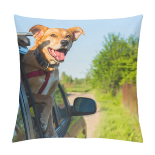 Personality  Happy Ginger Red Mix Breed Dog Smiling With Tongue Hanging Out Of Car Pillow Covers