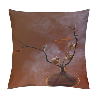 Personality  Autumn Still Life With Dried Roses And Oak Leawes In Glass Vase Pillow Covers
