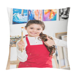 Personality  Kid Showing Thumb Up And Holding Painting Brush In Workshop Of Art School Pillow Covers