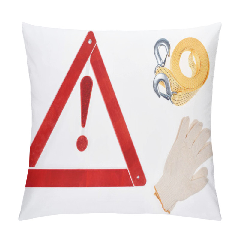 Personality  Flat Lay With Warning Triangle, Gloves And Car Tow Rope Isolated On White Pillow Covers