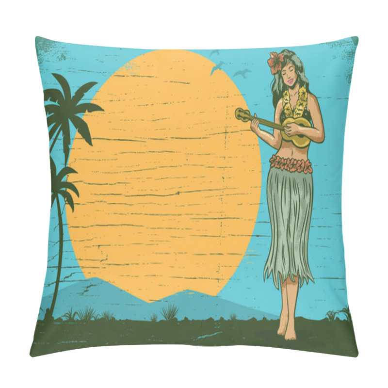Personality  Hello Summer Sign Board, Hula Girl Playing Ukulele, Vector Pillow Covers