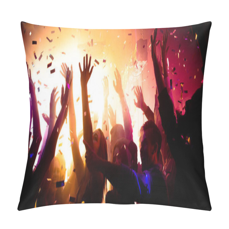 Personality  Photo of carefree clubbers blurred movement enjoy electro star performance raise hands up festival confetti modern neon filter pillow covers