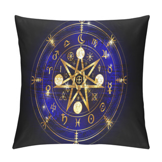 Personality  Wiccan Symbol Of Protection. Gold Mandala Witches Runes, Mystic Wicca Divination. Ancient Occult Symbols, Earth Zodiac Wheel Of The Year Wicca Astrological Signs, Vector Isolated Or Black Background Pillow Covers