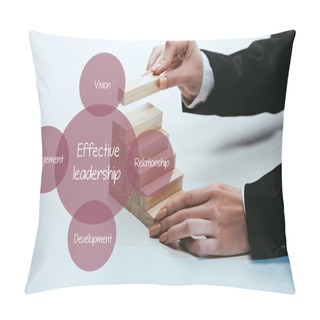 Personality  Cropped View Of Man Building Career Ladder With Wooden Blocks, Components Of Effective Leadership On Foreground Pillow Covers
