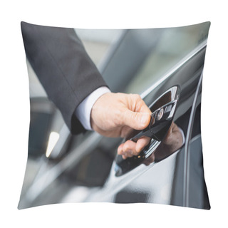 Personality  Opening His New Car. Close-up Of Male Hand Holding The Car Handle Pillow Covers
