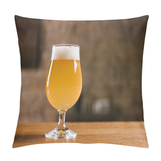 Personality  Delicious Fresh Beer With Foam In Glass On Wooden Table In Bar Pillow Covers