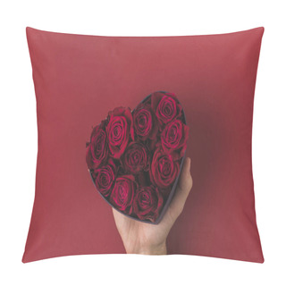 Personality  Cropped Shot Of Man Holding Roses In Heart Shaped Box On Red Tabletop, St Valentines Day Concept Pillow Covers