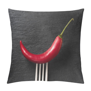 Personality  Top View Of Red Ripe Chili Pepper On Fork On Black Surface Pillow Covers