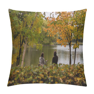 Personality  A Guy And A Girl Are Standing Near A Pond In A Park In Autumn Pillow Covers