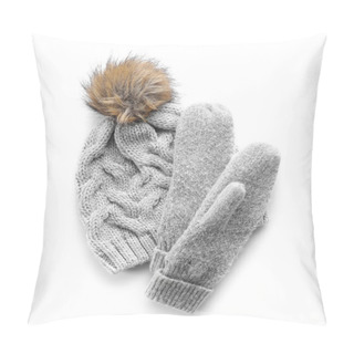 Personality Warm Hat And Mittens On White Background Pillow Covers