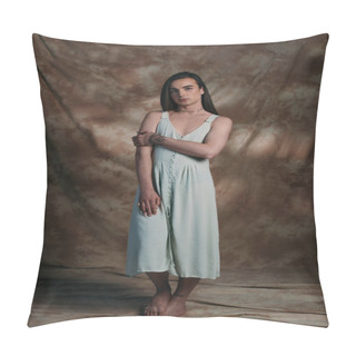 Personality  Full Length Of Queer Person In Dress Standing On Abstract Background  Pillow Covers