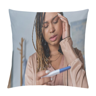 Personality  Abortion Concept, African American Woman Looking At Pregnancy Test And Making Decision, Uncertainty Pillow Covers