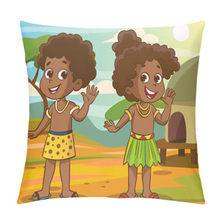 Personality  Vector Illustration Of A Boy And Girl Dressed In Traditional African Clothes.Cute African American Girl And Boy. Vector Illustration Isolated On White Background. Pillow Covers