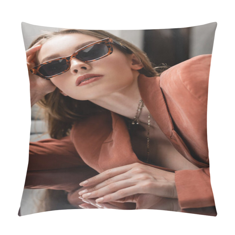 Personality  Young Woman Wearing Terracotta And Trendy Suit With Blazer And Golden Necklace And Posing In Fashionable Sunglasses On Grey Mirrored Background, Beautiful Model, Reflection, Looking At Camera Pillow Covers