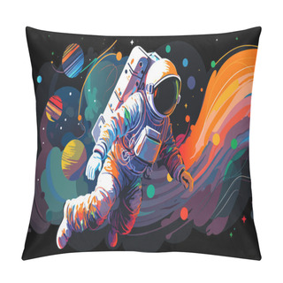 Personality  Astronaut Explores Space Being Desert Planet. Astronaut Space Suit Performing Extra Cosmic Activity Space Against Stars And Planets Background. Human Space Flight. Modern Vector Illustration Pillow Covers