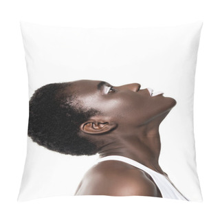 Personality  Side View Of Beautiful Sensual African American Girl With White Lips Looking Up Isolated On White Pillow Covers