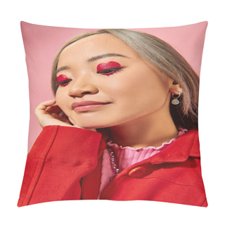 Personality  Portrait Of Pensive Asian Young Woman With Heart Shape Eye Makeup Looking Away On Pink Background Pillow Covers