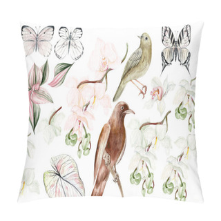 Personality  Watercolor Set With Orchids Flowers, Buds And Tropical Leaves, Birds And Butterflies. Illustration Pillow Covers