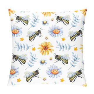 Personality  Digital Paper Seamless Pattern With Bee Wasp, Bumblebee, Honey, Field Herbs, Chamomile, Calendula. Hand Drawn Watercolor Illustration Isolated On White Background. Pillow Covers