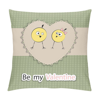 Personality  Greeting Card With Cute Birds On Floral Heart Shape Background For Valentines Day. Pillow Covers