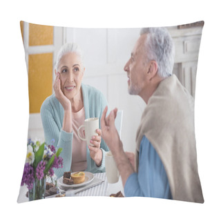 Personality  Senior Couple Talking During Breakfast Pillow Covers