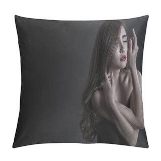 Personality  Beautiful Sexy Woman With Perfect Slim Body And Long Curly Hair In Black Dress Posing Over Black Background. Studio Shot. Pillow Covers