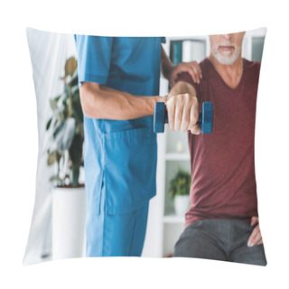 Personality  Cropped View Of Doctor Standing Near Middle Aged Man Exercising With Dumbbell  Pillow Covers