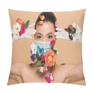 Personality  Attractive Asian Woman In Latex Gloves And Floral Face Mask With Butterflies Isolated On Beige Pillow Covers