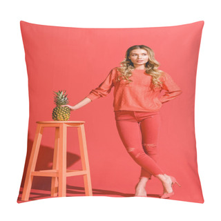 Personality  Stylish Beautiful Woman Holding Fresh Pineapple At Stool On Living Coral  Pillow Covers