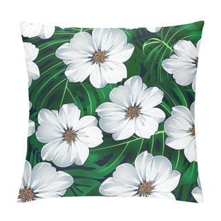 Personality  White Tropical Floral Seamless Pattern With Green Leaves Pillow Covers